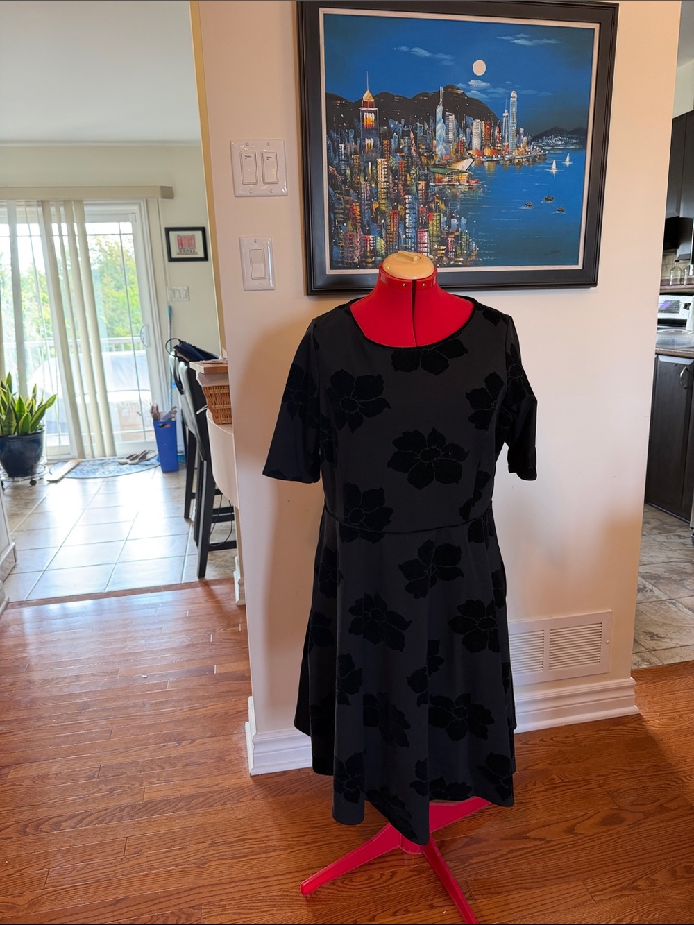 Lands' End Black Floral Flocked Midi Dress